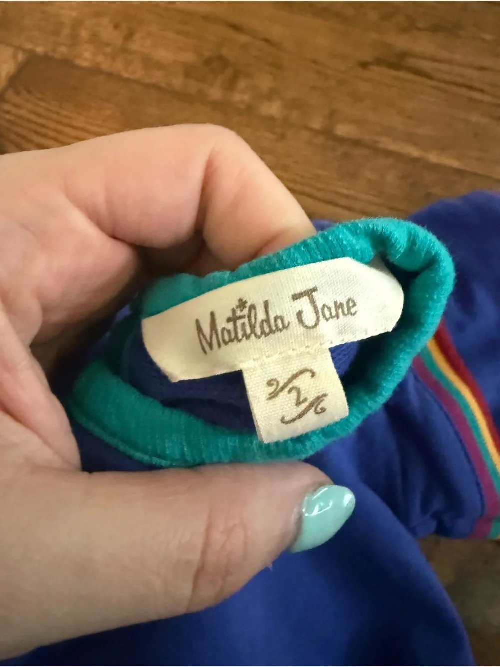 Matilda Jane Size 2 School Bell Dress Blue with Rainbow Stripe Ruffle Sleeve - Picture 3 of 4